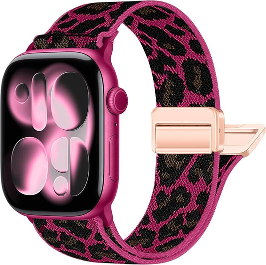 Leopard Braided Magnetic Nylon Watch Bands Compatible with Apple Watch Bands 40mm 41mm 42mm 44mm 45mm 46mm 49mm 38mm Women Men, Elastic Sport Strap for iWatch Series 11 10 9 8 7 6 5 4 SE Ultra 3 2 1