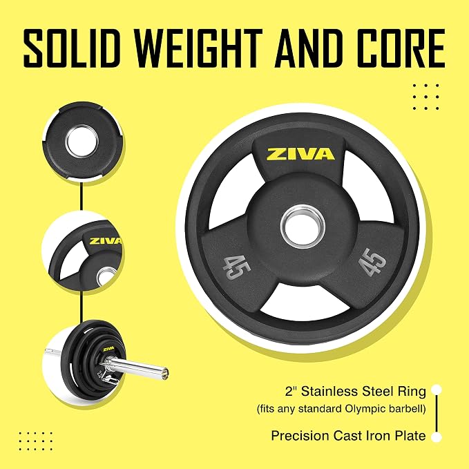ZIVA Olympic Weight Plate – Premium Urethane-Coated Grip Disc with 2" Stainless Steel Insert and 3-Position Handle – Sold Individually (2.5–45 lb) Does not fit Standard Studio Barbell