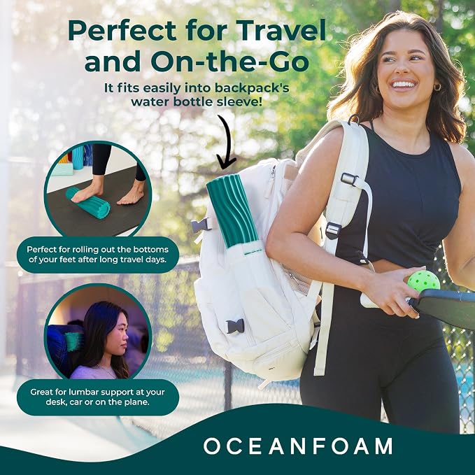 Oceanfoam Ripple Travel Foam Roller (11" x 3.35") Firm Mini Foam Roller for Physical Therapy, Deep Tissue Massage, Back Pain - High Density, Ergonomic Wave Textured - Yoga, Pilates, Exercise (Jade)