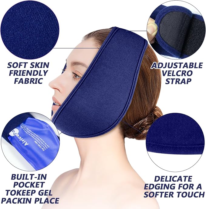 AiricePac Wisdom Teeth Ice Pack Head Wrap, Face Ice Pack for Jaw Oral Surgery Pain Relief for TMJ, Teeth Removed, 4 Cold Therapy Gel Packs Reusable, Blue