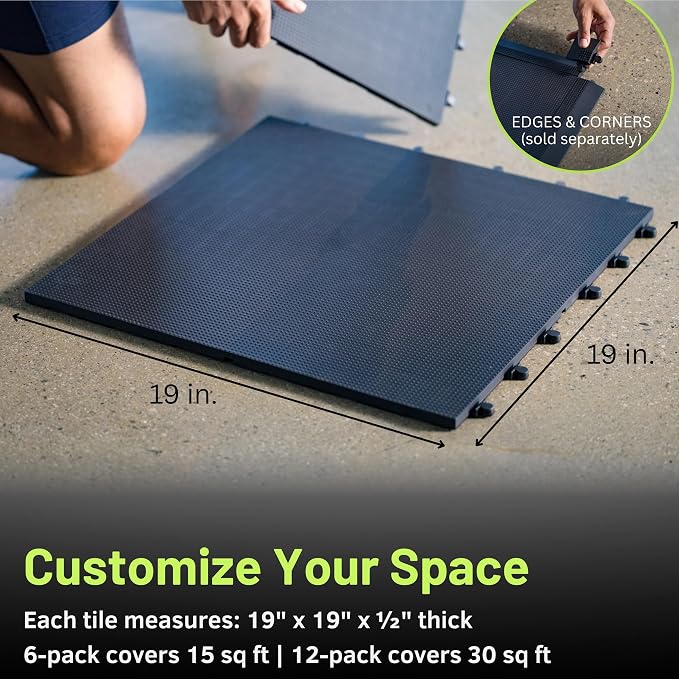 Baselayer CORE Series Interlocking Floor Tiles - Durable ½ in TPE (Rubber Like, NOT Foam, no Odor) - Gym Flooring for Stretching, Yoga, Pilates - Black, 15 SqFt (6 Pack) - Made in USA