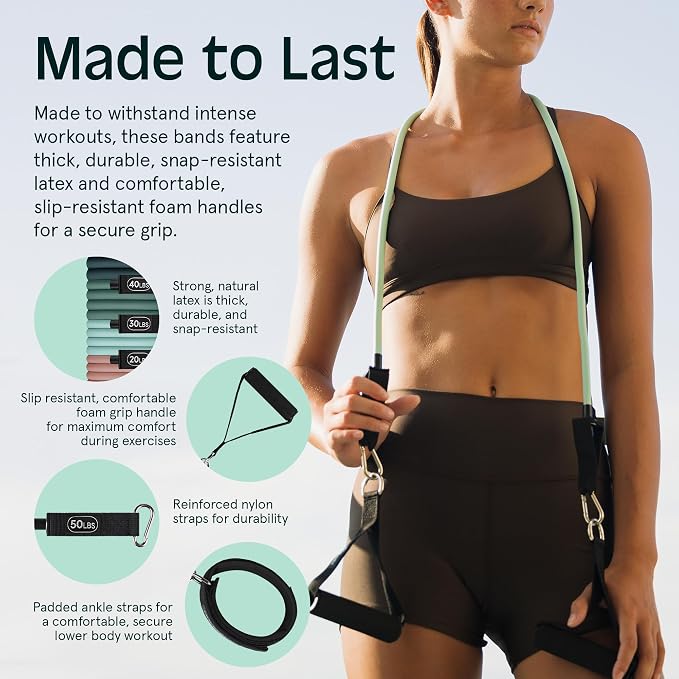 Retrospec Train Resistance Bands Set for Working Out - 5 Stackable Bands, Handles & Door Anchor - Portable Fitness Equipment for Physical Therapy & Yoga Includes Carry Bag