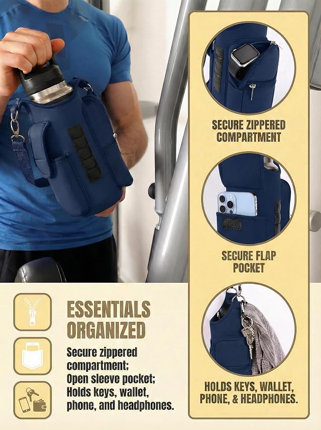 Magnetic Gym Bag,Magnets Gym Water Bottle Bag Carrier Holder with Pockets & Strap Fit for 18 to 40 oz Owala Hydro Flask Yeti, Gym Accessories for Men Women,Walking, Hiking