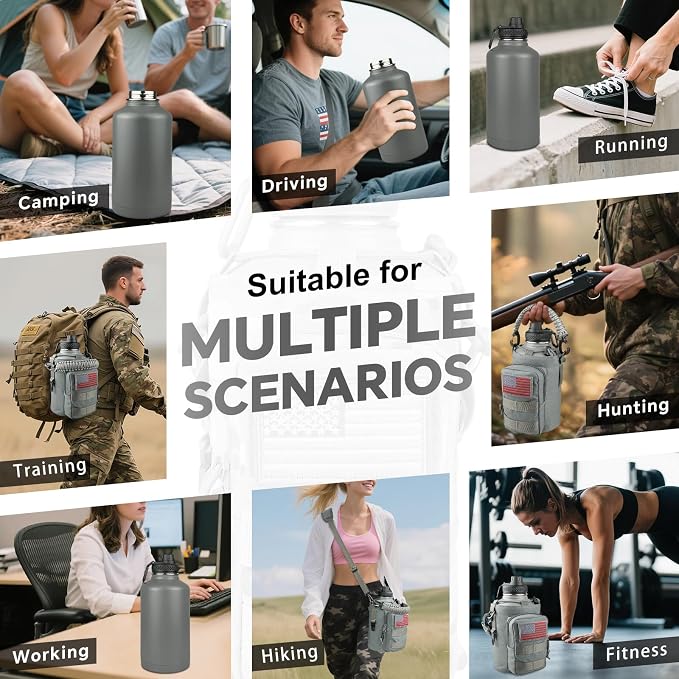 DEFUNX Half Gallon Water Bottle Insulated with Sleeve - Tactical 64 oz Stainless Steel Water Jug with MOLLE Water Bottle Pouch, Gym Water Bottles for Men Hiking Workout (Grey)