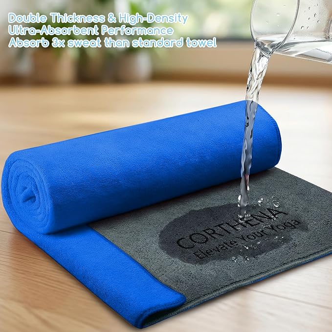 Yoga Mat Towel, Extra Thick (600GSM) Soft Hot Yoga Towel, Non-Slip and Sweat Absorbent for Hot Yoga, Bikram, Pilates, and Fitness, 72" x 27.5", Dual-Color, Grey/Blue