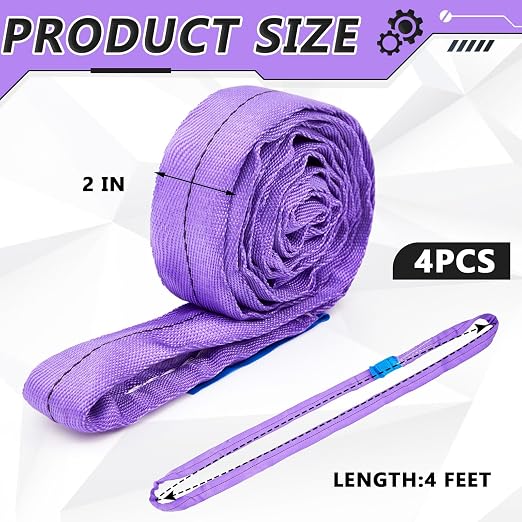 Fabbay 4 Pcs 4 Feet Heavy Duty Polyester Endless Loop Round Lift Slings Lifting Straps for Hoist Towing Moving Furniture Rigging Equipment, 2600 LB Vertical 2100 LB Choker 5200 LBs Basket(Purple)
