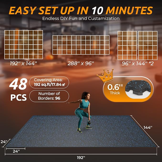 PRAISUN 0.6" Thicker Rubber Top Gym Flooring for Home Gym, 48 Pcs 192 Sq Ft Workout Mats, Exercise Mat, Interlocking Rubber Floor Mats with High Density EVA Foam for Garage, 24 x 24in, Black/Blue