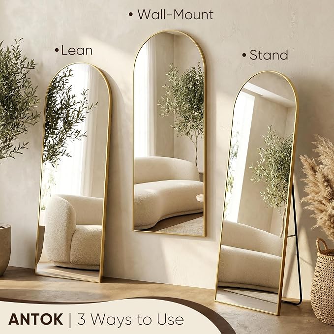 Antok Full Length Mirror, 58"x21" Floor Mirror, Arched Floor Standing Freestanding Arch Full Body Mirrors with Stand for Bedroom, Hanging Mounted for Living Room Cloakroom,Gold