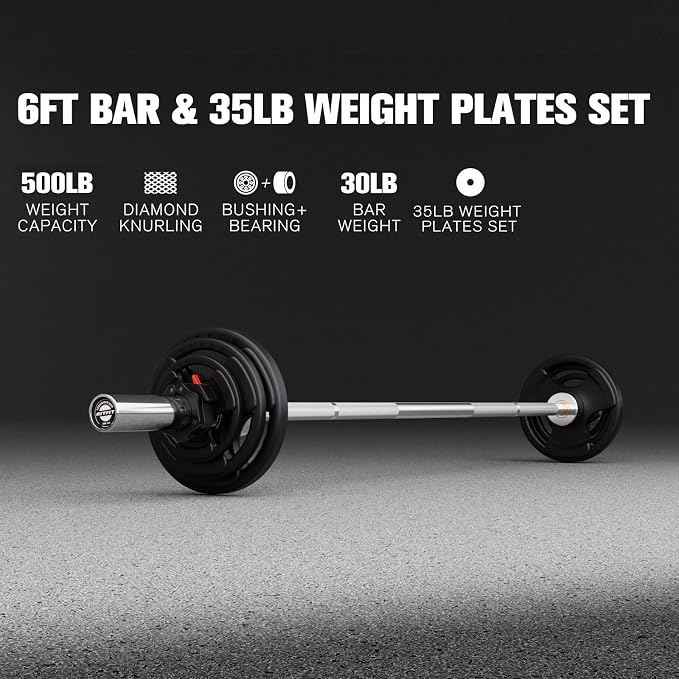 RitFit Barbell Weight Set - 4/6FT Olympic Barbell with Weight Plates (55-115LB Total) - Weightlifting Equipment for Squats, Curls, Deadlifts, Presses, Hip Thrusts
