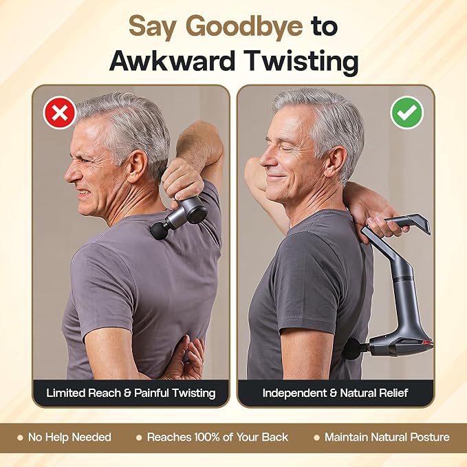 Extended Reach Massage Gun for Back Relief – Deep Tissue Percussion Massager with Handle & Massage Belt for Hard-to-Reach Areas, 12 Speeds & 4 Heads