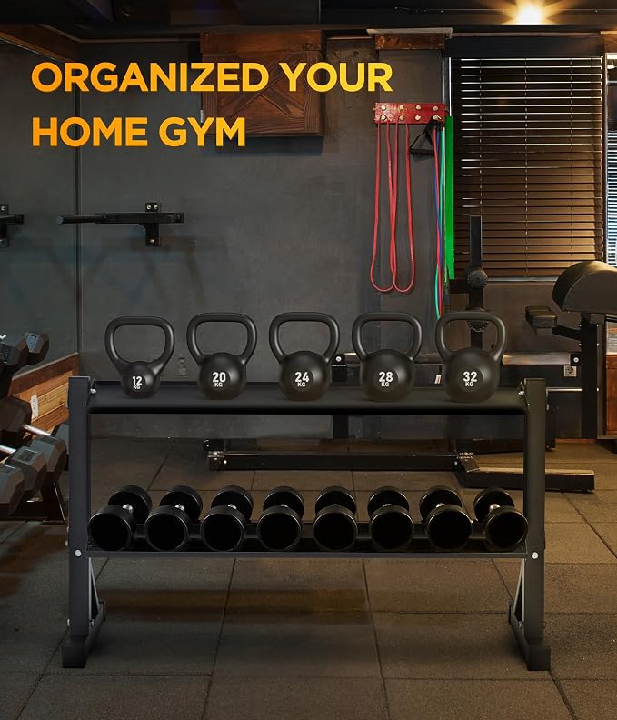 48" Kettlebell Storage Rack | 2-Tiers,1000LBS Weights Storage for Free Weights, Dumbbells, Kettlebells and Medicine Ball,Black,for Home Gym