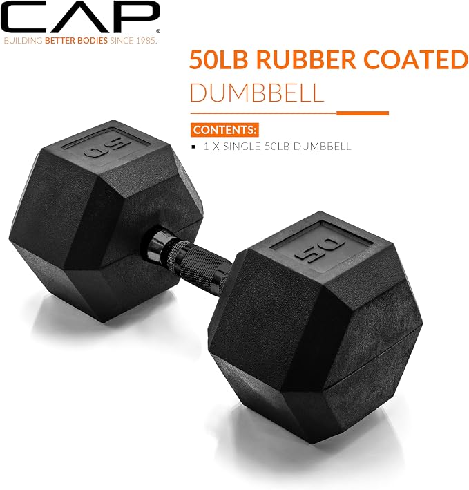 CAP Rubber Coated Dumbbell Weights, Free Weights for Home Gym Strength Training, Anti-Roll Hex Dumbbells with Black, Chrome & Comfort Grip Handles, Singles