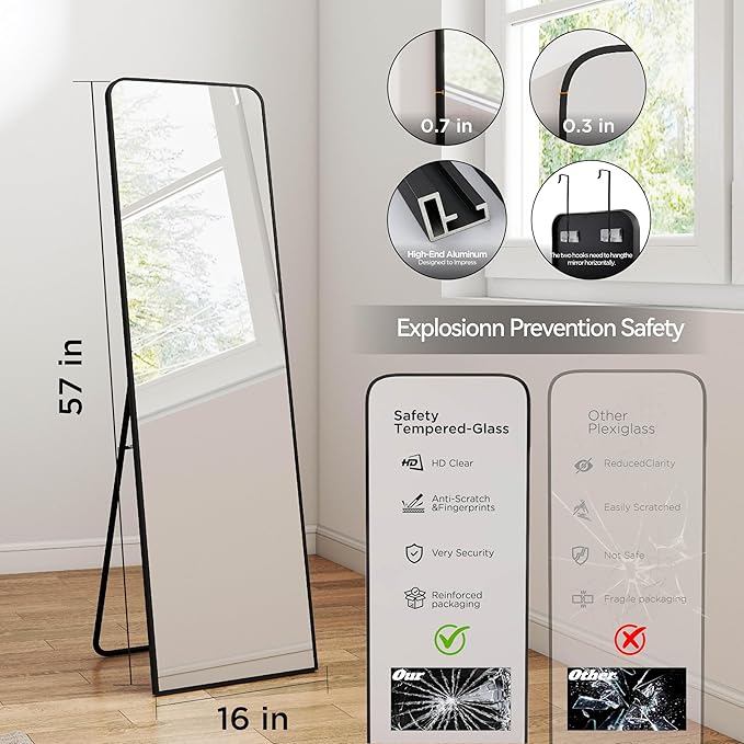 SCWF-GZ 57x16 Full Length Mirror Over The Door Hanging, Floor Stand/Wall Mounted Aluminum Alloy Frame Dressing Mirror for Bedroom Living Room 57 inch Black