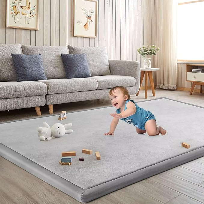 Baby Play Mat for Floor Nursery Rug Muscle Mat Area Rug Playroom Rug 71"x79" Playpen Mat Elastic Foam 1.3" Thick Crawling Mat for Babies,Toddlers, Infants, Kids,A Light Gray