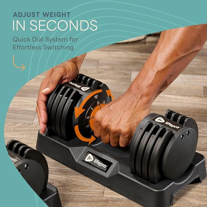 LifePro Adjustable Dumbbells, Single or 2pcs, Up to 55 lbs & 3-in1 option | Quick-change weight system with included rack — available in options from 2.5 to 55 lbs for every fitness level