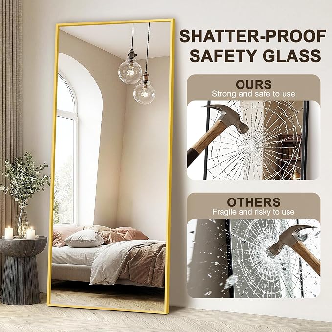 FICTOR Full Length Mirror with Stand, Floor Standing Mirror, 75"x35", Gold | HD Shatterproof Glass, Free-Standing or Wall-Mounted, Full Body Mirror for Bedroom, Living Room, Dressing Room, Entryway