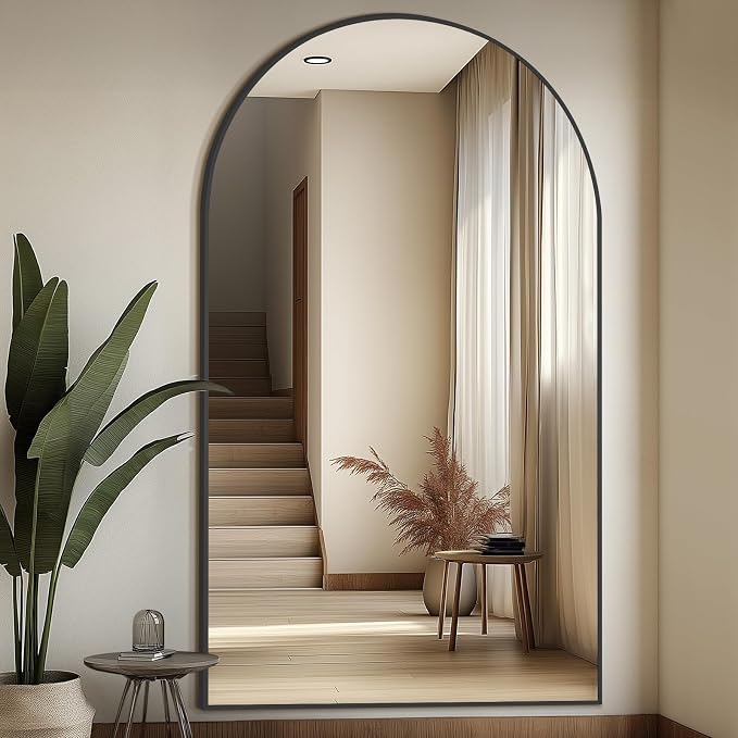 MirrMuse Oversized Arched Full Length Mirror with Stand, 76"X44", Black | Tempered Glass, Free Standing, for Bedroom Living Room Clothing Store Gym, Aluminum Alloy Frame, Hanging or Leaning