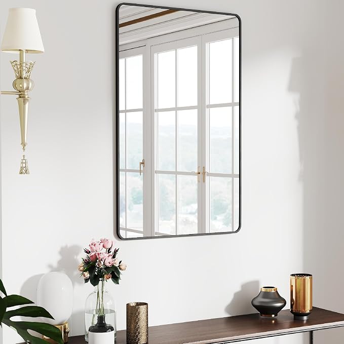 SCWF-GZ 24x36 Mirror Vanity Bathroom Wall Mounted Aluminum Alloy Metal Frame Dressing Round Rectangle Mirrors for Entryway Bedroom Living Room Horizontally or Vertically 36x24 inch Black