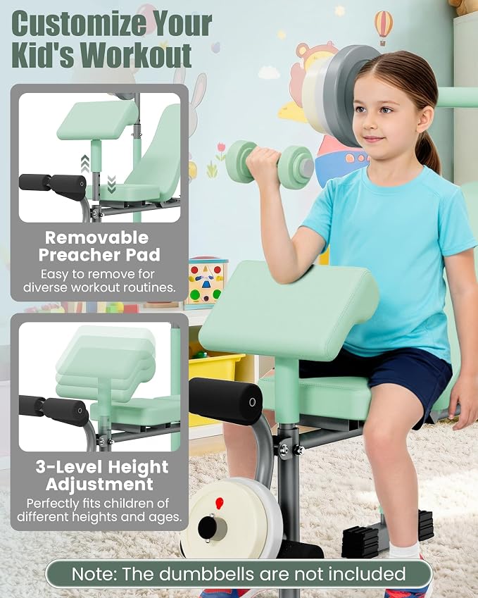 Kids Workout Equipment, Adjustable Kids Workout Bench with Preacher Pad & Leg Developer, Fillable Weight Plates for Home Gym Fitness & Exercise