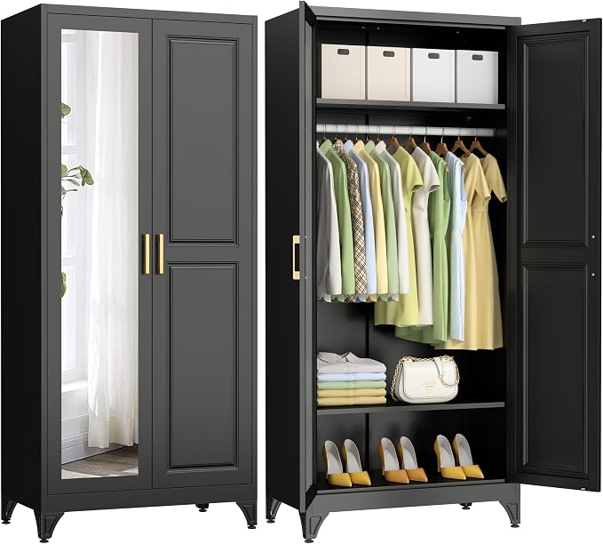 Polup Metal Armoire Wardrobe Closet with Mirror, 71" Tall Black Cabinet | Heavy Duty Steel Clothing Storage Cabinet with Hanging Rod & Adjustable Shelves for Bedroom, Office, Clothes Organizer