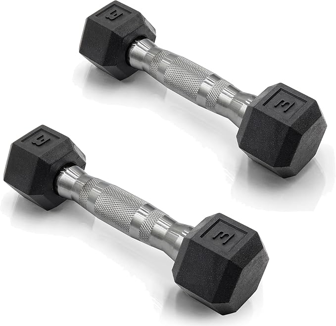 CAP Rubber Coated Dumbbell Weights, Free Weights for Home Gym Strength Training, Anti-Roll Hex Dumbbells with Black, Chrome & Comfort Grip Handles, Pairs & Sets