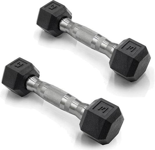 CAP Rubber Coated Dumbbell Weights, Free Weights for Home Gym Strength Training, Anti-Roll Hex Dumbbells with Black, Chrome & Comfort Grip Handles, Pairs & Sets