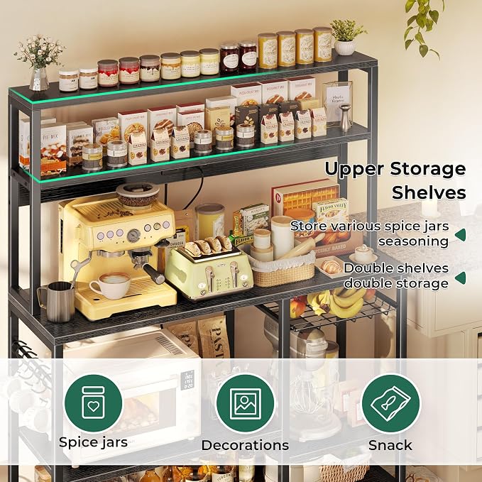 SUPERJARE Bakers Rack with Power Outlet, 47.2 Inches Coffee Bar with Basket | Kitchen Microwave Stand with 3 Level-Adjustable Open Shelves, with 7 S-Shaped Hooks, Black