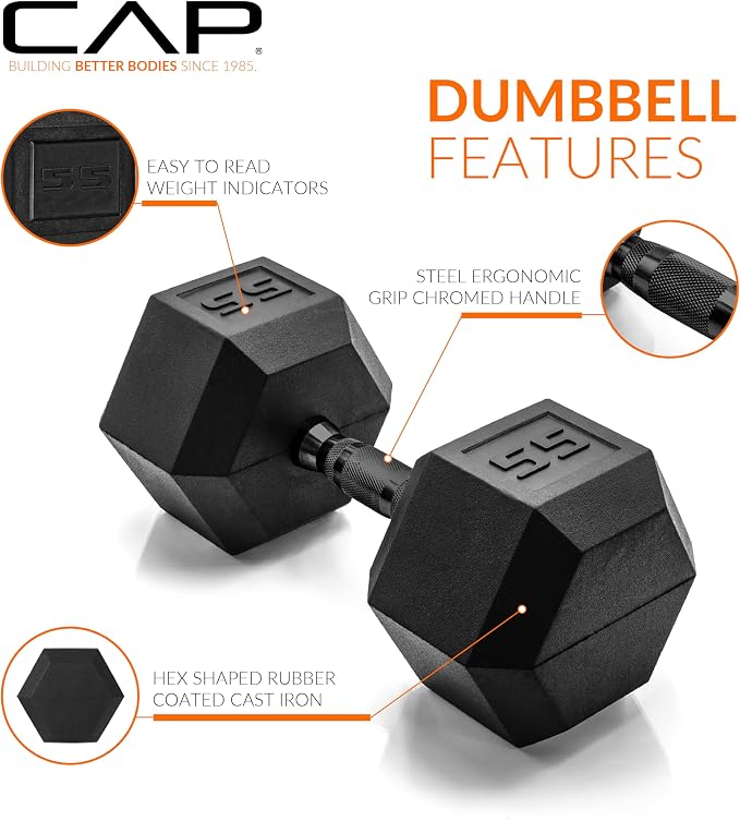 CAP Rubber Coated Dumbbell Weights, Free Weights for Home Gym Strength Training, Anti-Roll Hex Dumbbells with Black, Chrome & Comfort Grip Handles, Pairs & Sets
