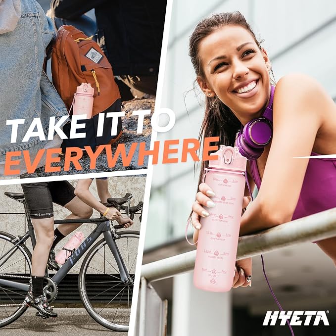 Hyeta Plastic Water Bottle With Straw & Time Marker, 32oz Leakproof Jug | Motivational Tritan BPA Free Gym Office Outdoor Intake Tracker Hourly Reminder Straw Lid Lightweight