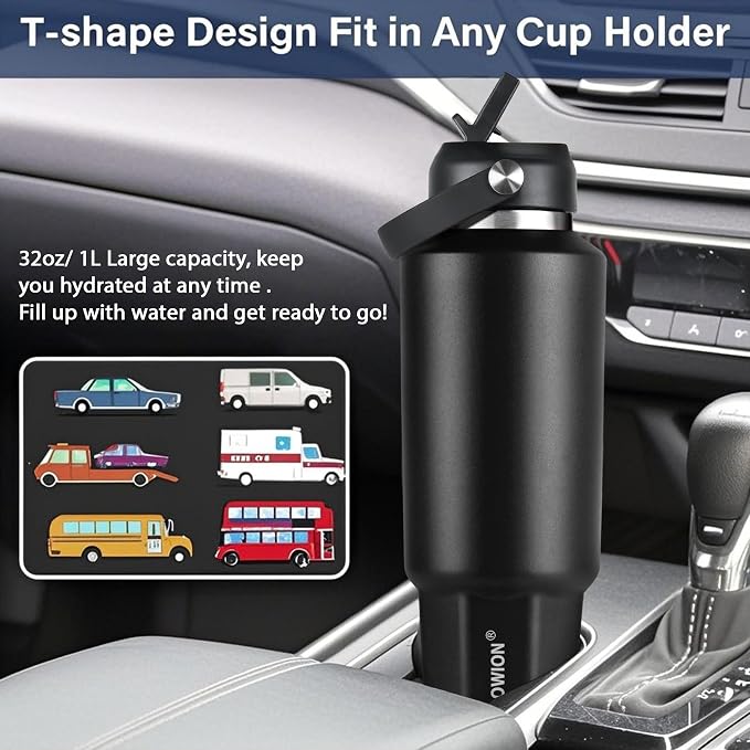 HYDROWION 32 oz Insulated Water Bottle, Car Water Bottle Holder - Double Wall Vacuum Insulated Travel Bottle with Straw Lid, Spout Lid and Flex Cap - Cold for 24H, Hot for 12H, Black