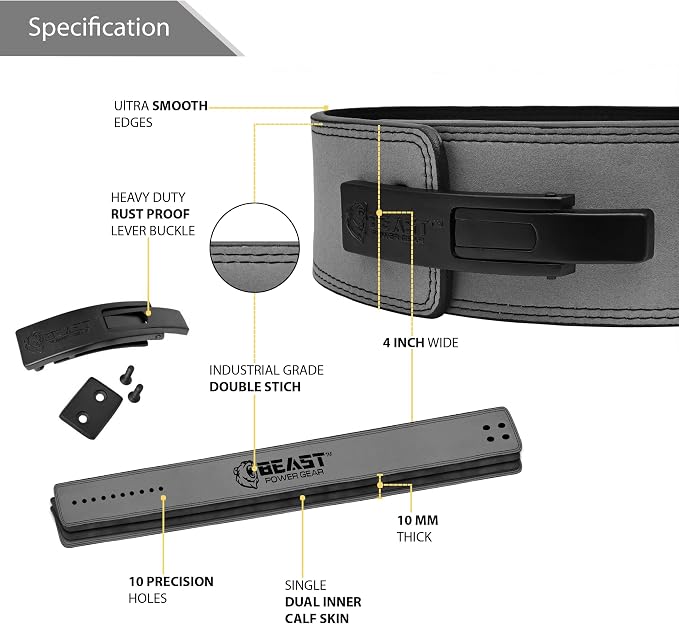 Beast Power Gear Weight Lifting Belt Lever Buckle 10MM 13MM Thick & 4 Inches Free Strap Weightlifting, Powerlifting, Deadlifts, Squats Men Women
