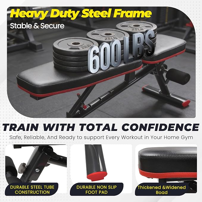 HULKFIT Adjustable Folding Weight Bench, Heavy Duty Workout Bench with Multiple Backrest Positions, Stable Incline Decline Flat Exercise Bench for Full Body Strength Training at Home Gym