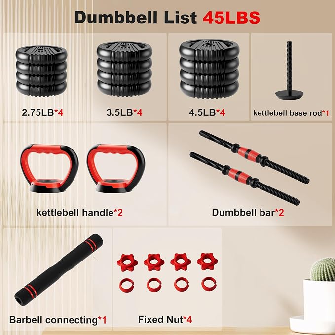 Adjustable Dumbbell Set,20/30/45/70/90lbs Free Weight with Connector | 5 in1 Dumbbells Set Used as Barbell, Kettlebells, Push up Stand,Weight Plate, Fitness Exercises for Home Gym