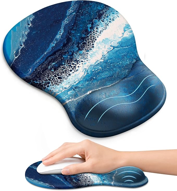 Ergonomic Mouse Pad with Wrist Rest, Gel Wrist Support, Waves | 10.2 x 7.6 in Mouse Pad with Smooth Fabric Surface and Non-Slip Rubber Base for Office, Home, Study, and Gaming