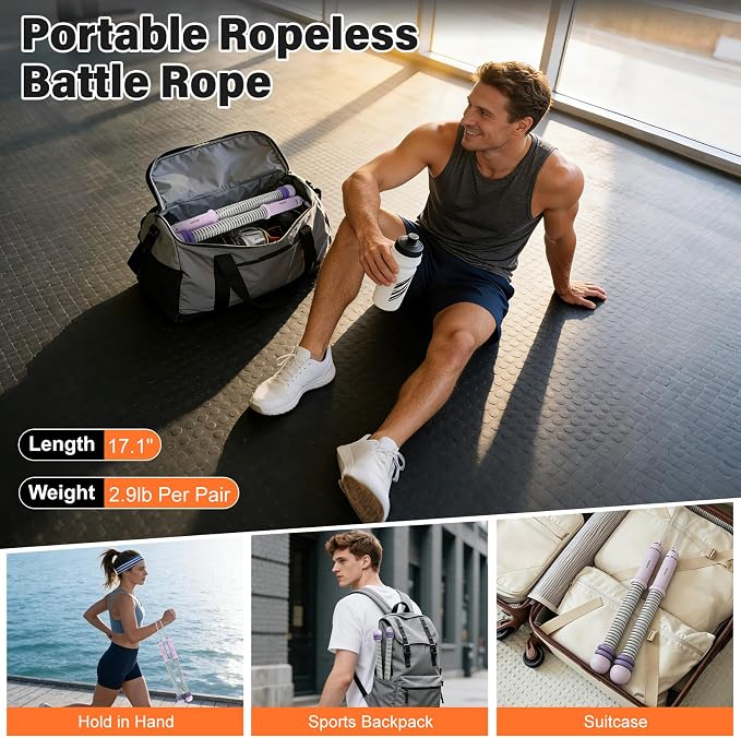 Weighted Ropeless Battle Ropes Adjustable Weight - Portable Cordless Battle Ropes for Home Gym with Workout Poster, Strength Building, HIIT & Low-Impact Cardio Training for Men & Women (Purple)