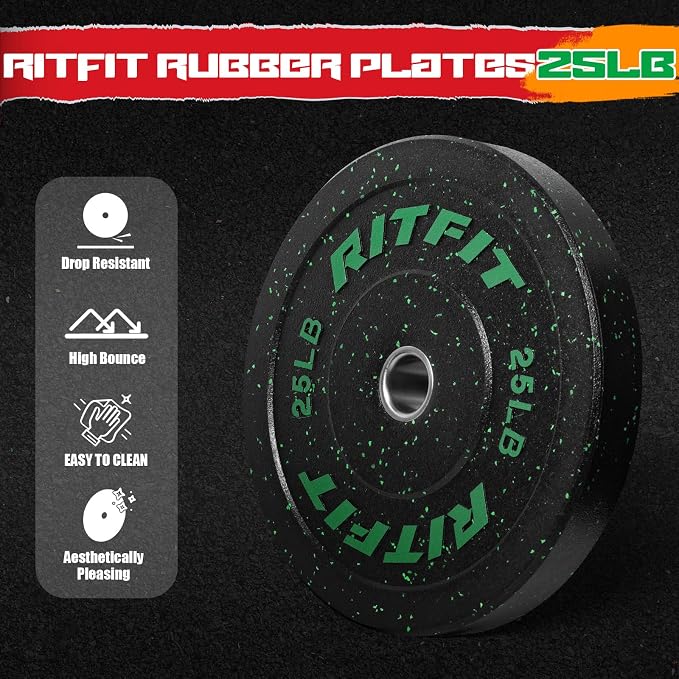 RitFit Bumper Plates, Colored Fleck-Rubber Weight Plates with Steel Insert, 2-inch Olympic Weight Plates for Weight Lifting and Strength Training