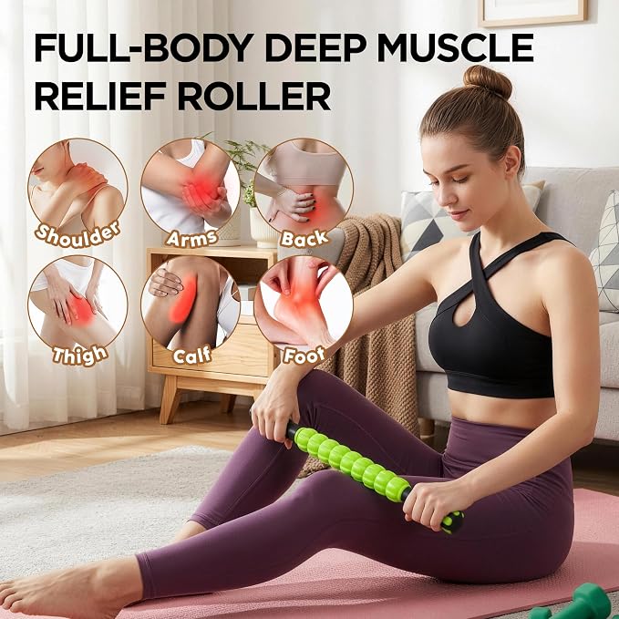 Muscle Roller & Massage Roller Stick for Athletes - Lymphatic Drainage Support, Relieves Muscle Soreness, Cramping & Tightness - Targets Legs, Arms, Back & Calves （Green ）
