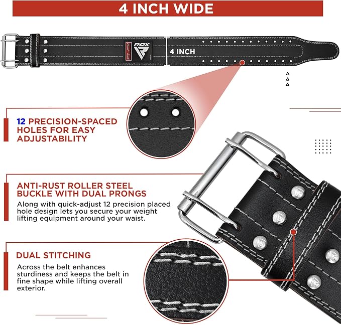 RDX Weight Lifting Belt for Men Women, IPL USPA Approved, 6mm Thick 100% Leather, 4” Powerlifting Back Support, Squat Deadlift Bodybuilding Exercise Fitness Gym Workout Strength Training up to 700 LBS