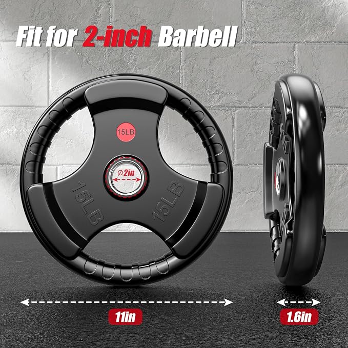 Gikpal Olympic Weight Plates, 2-Inch Three-Grip Rubber Coated Barbell Plates with Steel Hub, Cast Iron Weights for Strength Training & Home Gym, Pair or Sets (2.5–45LB)
