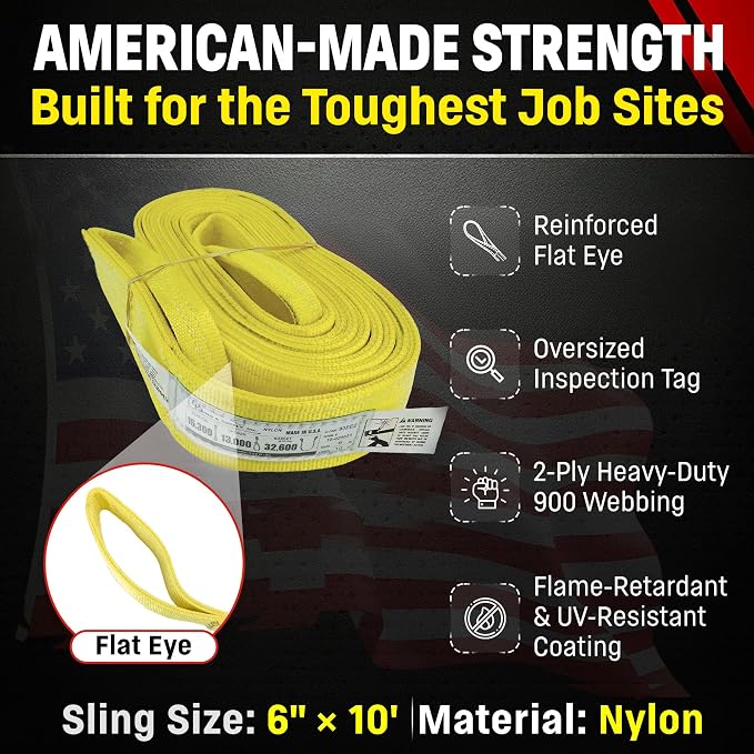 DD Sling 6 Inch x 10 Foot Nylon Lifting Sling – USA Made, 16,300 lb Vertical, 13,000 lb Choker, 32,600 lb Basket – 2-Ply Heavy Duty 900 Webbing, Type 3 Flat Eye & Eye Rigging Sling