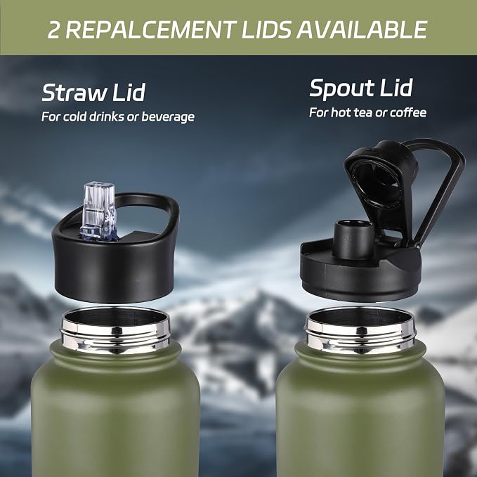 HASLE OUTFITTERS 32 oz Insulated Water Bottle Stainless Steel Double Walled Vacuum Sports Water Bottle with 2 Lids (Straw and Spout Lid) for Gym Camping Hiking（Army Green,1）