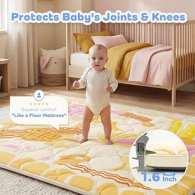 1.6" Thick Baby Play Mat, 71x59 Removable & Machine Washable Cover | Padded Memory Foam, Non-Slip Backing, 100% Baby-Safe Materials, Tummy Time Crawling, Outdoor, Bedroom, Living Room, Nursery