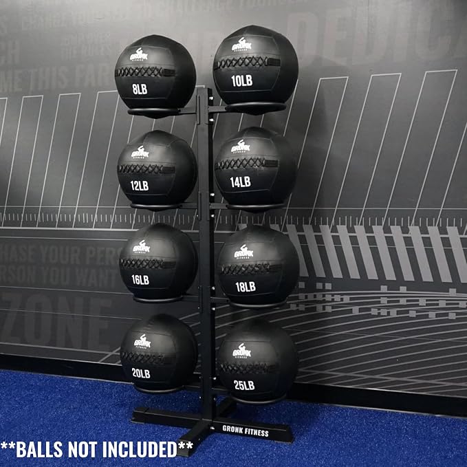 Gronk Fitness Wall Ball Rack | Vertical Gym Ball Storage Stand | Heavy-duty steel rack | Holds 8 wall, slam or soft medicine balls | Compact gym ball holder stand
