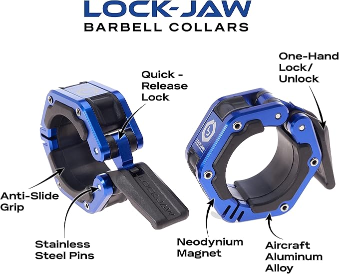 Lock-Jaw Flex Barbell Collars Olympic Barbell Clamps w/Magnet 2 Pcs – Heavy Duty Bar Clamps for 2” & 50mm Olympic Bars – Secure Weight Bar Clamps for Strength Training & Home Gym Accessories