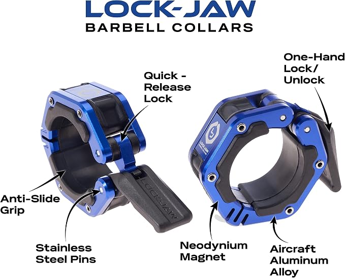 Lock-Jaw Flex Barbell Collars Olympic Barbell Clamps w/Magnet 2 Pcs – Heavy Duty Bar Clamps for 2” & 50mm Olympic Bars – Secure Weight Bar Clamps for Strength Training & Home Gym Accessories