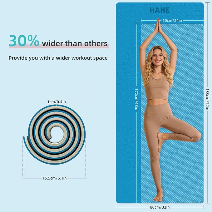 HAHE Wide Yoga Mat 72"x32"x0.4" Thick Pilates Mat with Carrying Strap | Exercise Mats for Home Workout, Wide Non-slip Exercise Mats, Double-Sided POE Fitness Mat for Yoga, Pilates & Travel