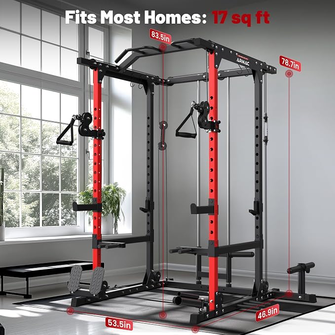 SPORTSROYALS Power Rack, Multi-Functional Power Cage, Squat Rack with Pulley System & LAT Pull Down, Workout Cage with J Hooks for Home Gym