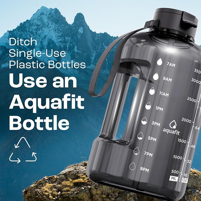 AQUAFIT 1 Gallon Water Bottle with Time Marker | BPA Free 128 oz Water Bottle with Straw and Chug Lids - Leakproof Gym Water Bottle with Carry Handle (Midnight Gray)