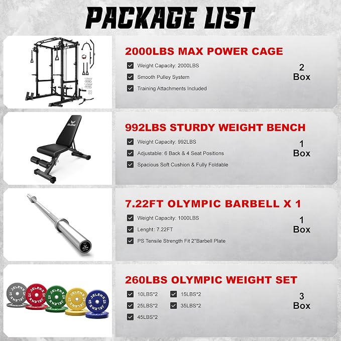 JELENS C12 Power Rack, 2000LBS Squat Rack with Cable Crossover System, Workout Cage with More Training Attachments for Home Gym