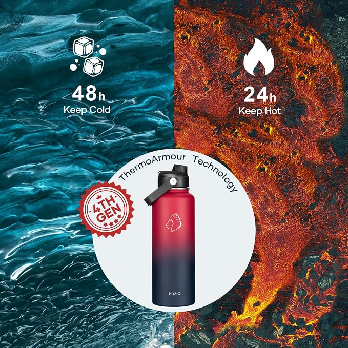 BUZIO Triple Wall Vacuum Water Bottle with Dust-proof Straw & Spout Lids | 40 oz Insulated Stainless Steel Water Flask (Cold for 48 Hrs/Hot for 24 Hrs), Dishwasher Safe, Leakproof, Non-BPA, for Hiking